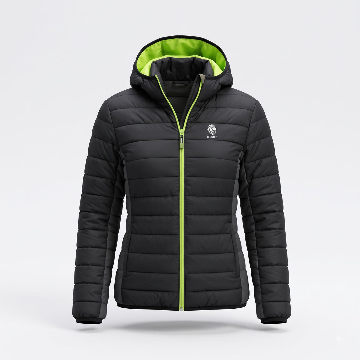 black puffer jacket with neon trim