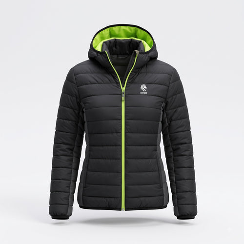 black puffer jacket with neon trim