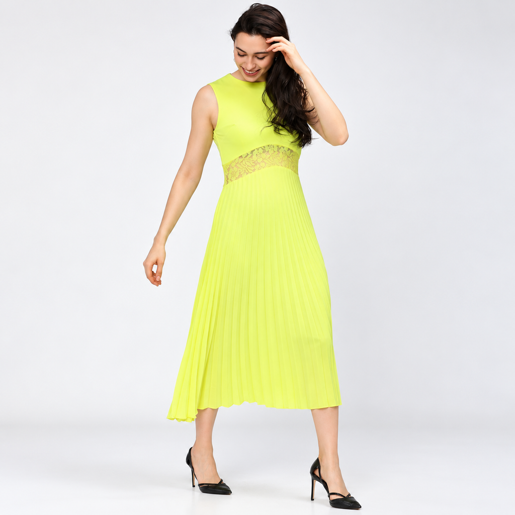 lime pleated midi dress