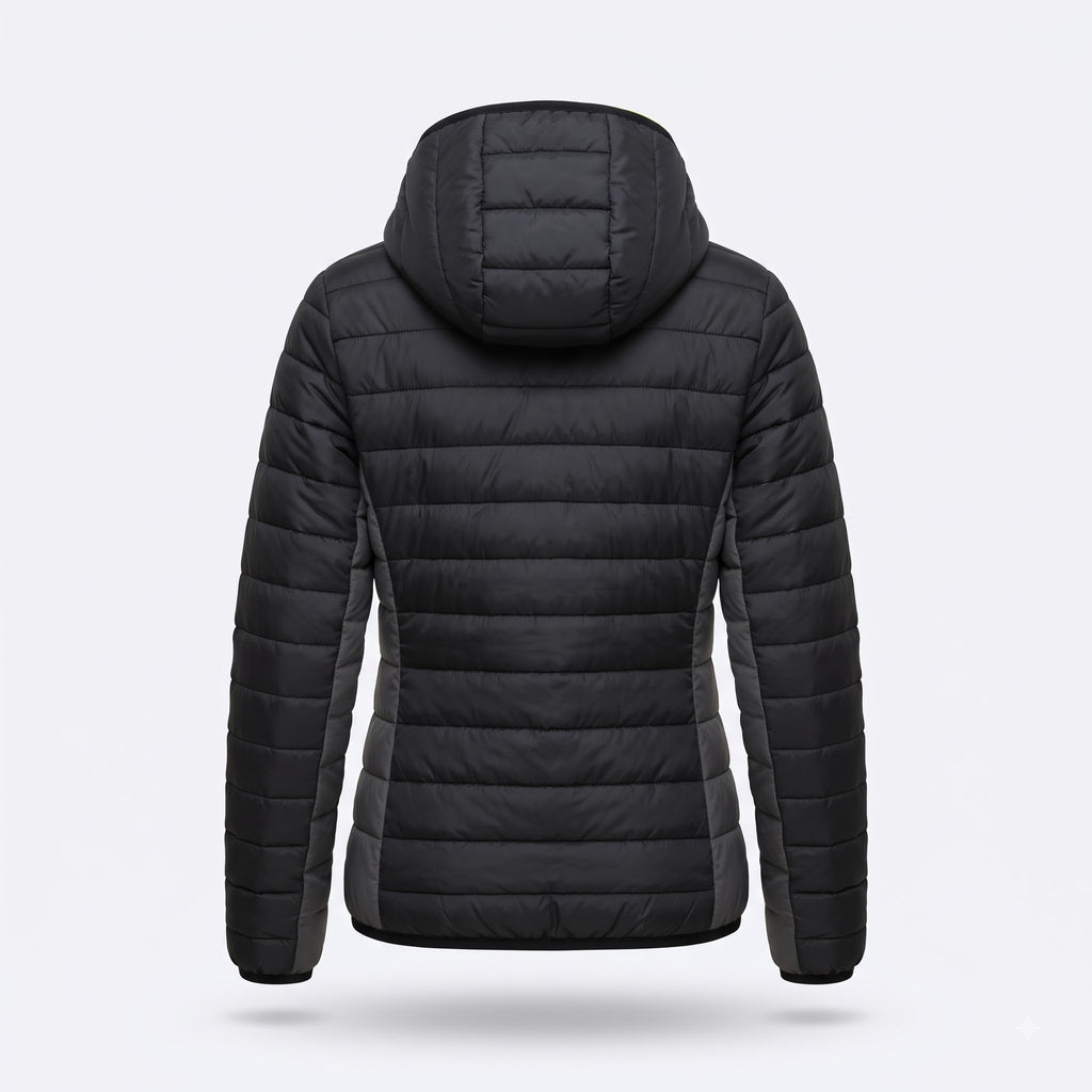 black puffer jacket with neon trim