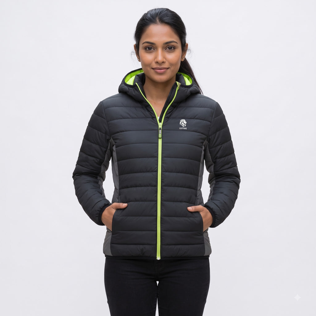 black puffer jacket with neon trim
