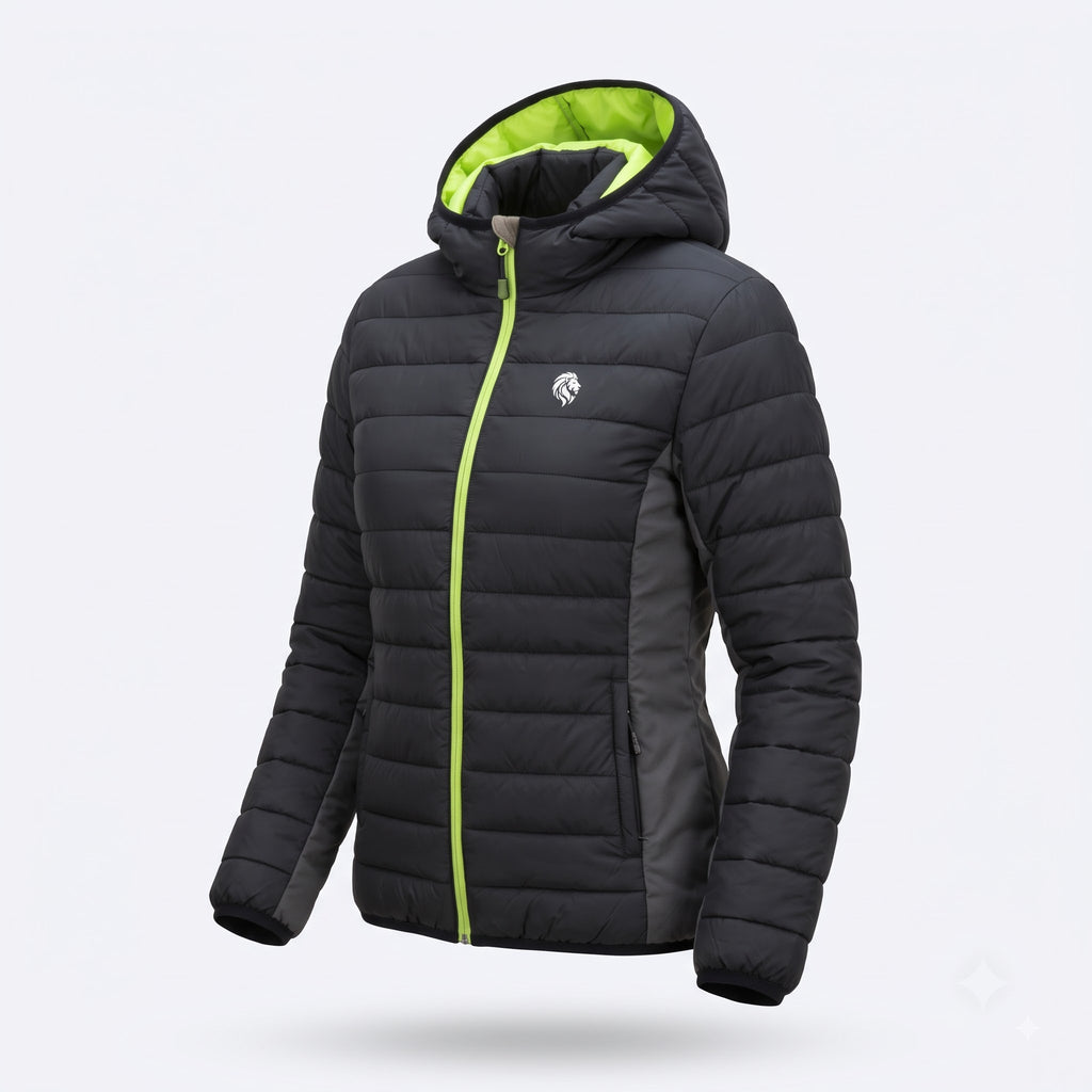 black puffer jacket with neon trim